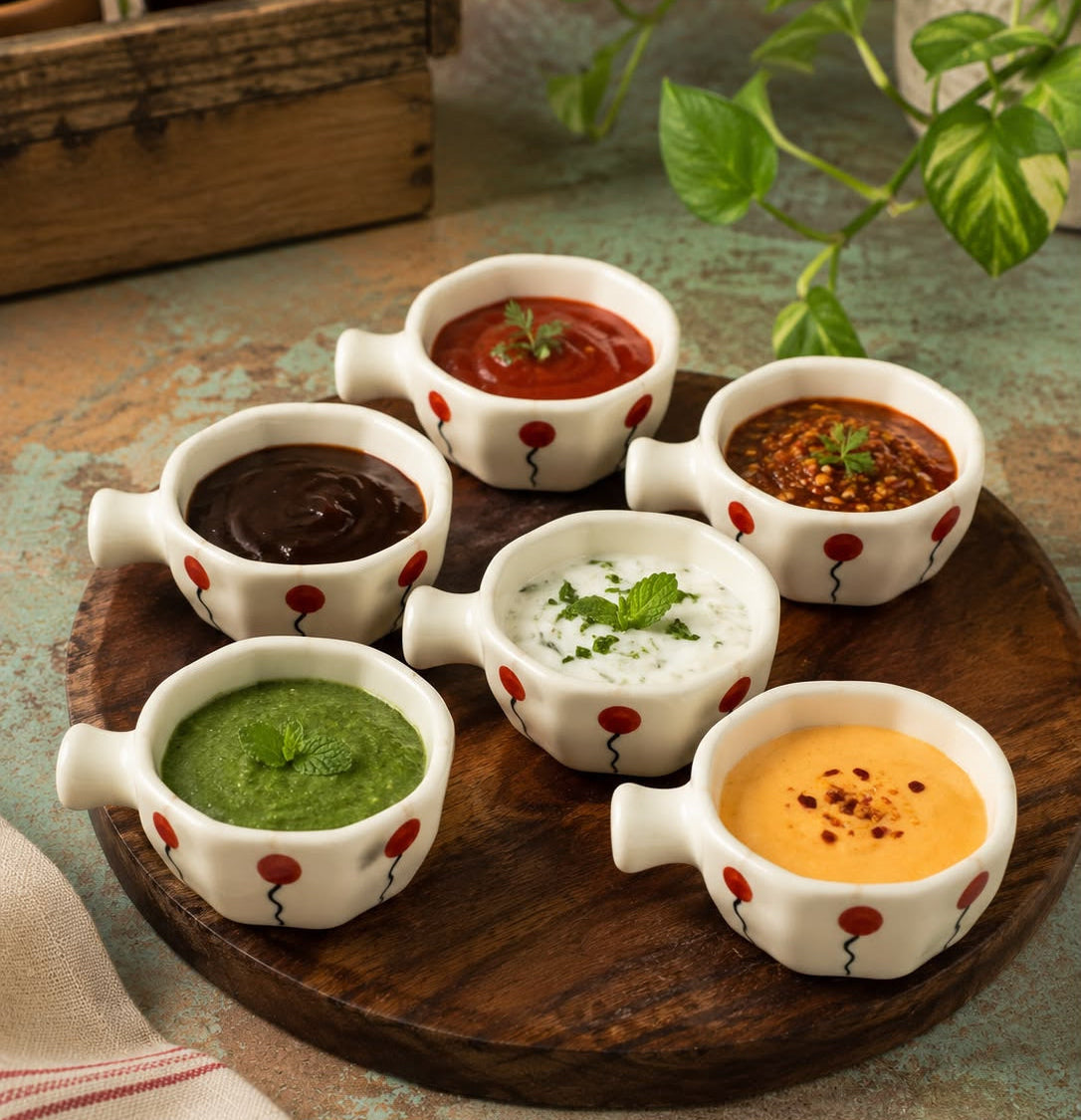 Six small white ceramic dipping bowls with red balloon-like dots, arranged on a round wooden serving board. The bowls contain different dips or soups: red, dark brown, orange-red, white with mint, green, and yellow-orange, with some garnishes.