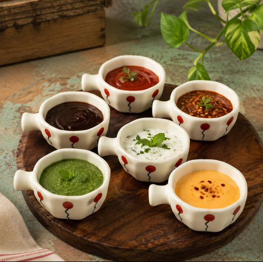 Six small white ceramic dipping bowls with red balloon-like dots, arranged on a round wooden serving board. The bowls contain different dips or soups: red, dark brown, orange-red, white with mint, green, and yellow-orange, with some garnishes.