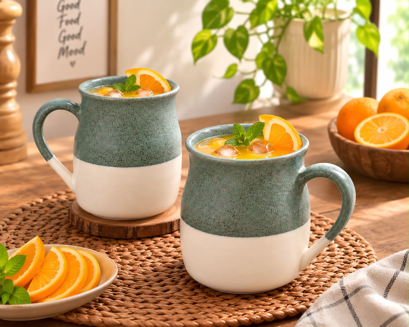 Two ceramic mugs with a speckled teal upper half and white lower half, filled with an orange drink and garnished with orange slices and mint, set on a woven placemat on a wooden table with oranges and a plant in the background.