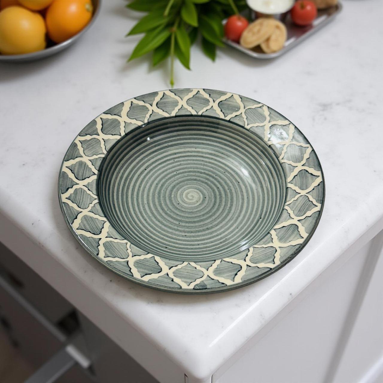 Ceramic plate with decorative pattern on a kitchen counter