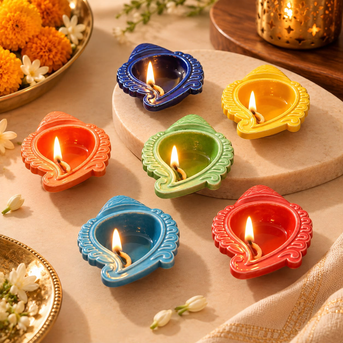 Six colorful ceramic oil lamps (diyas) with lit candles, arranged on a beige stone slab and fabric with decorative flowers and a brass bowl in the background.