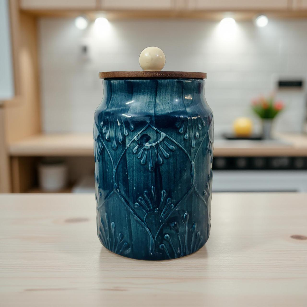 Decorative blue ceramic jar with lid for aesthetic kitchen and home décor styling