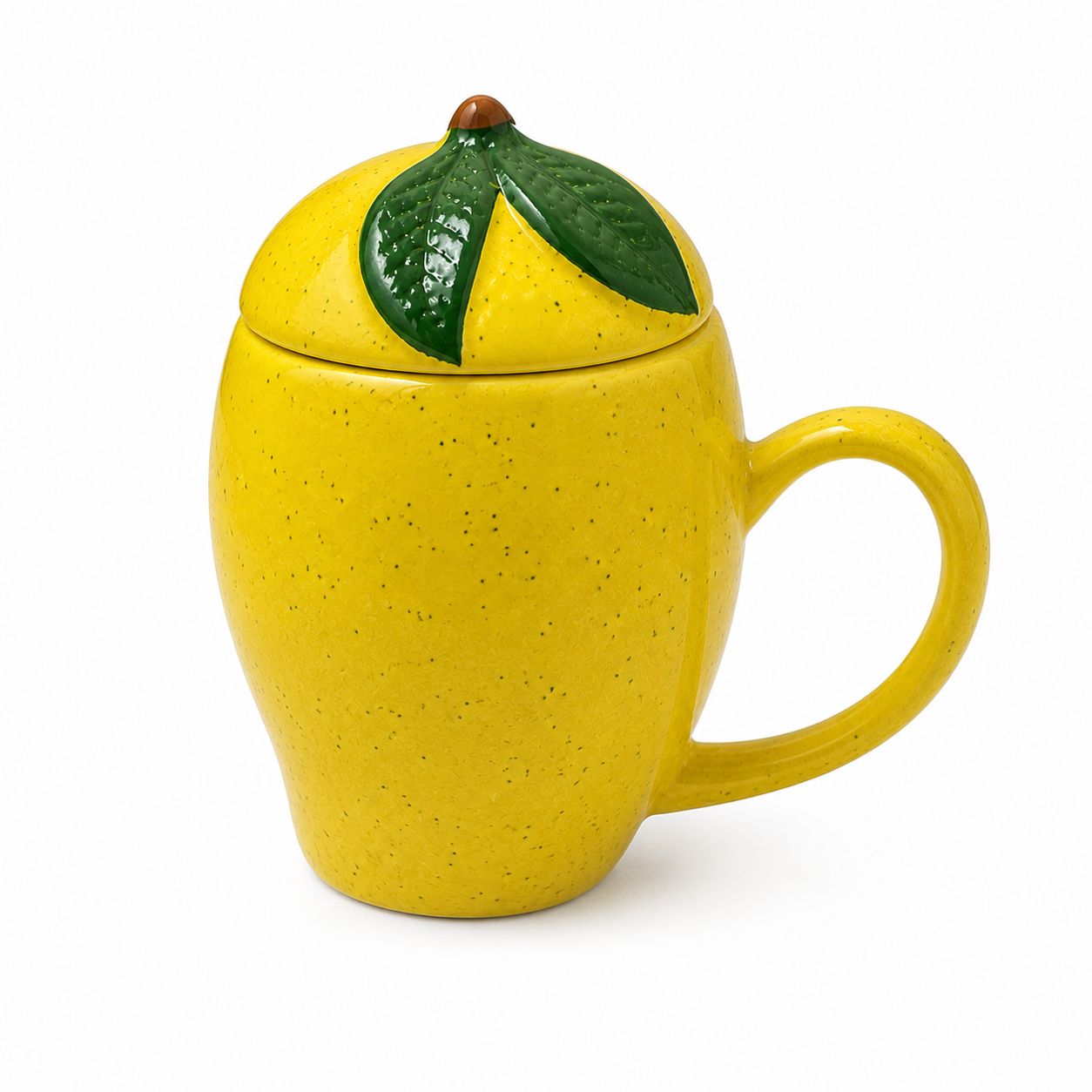 Cute yellow ceramic coffee mug with mango-inspired design and lid, perfect for summer drinks and aesthetic kitchen décor