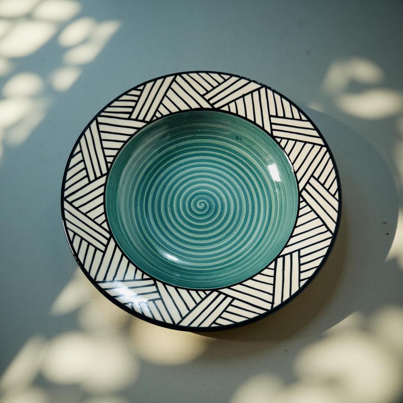 Ceramic plate with a geometric pattern on a light blue background