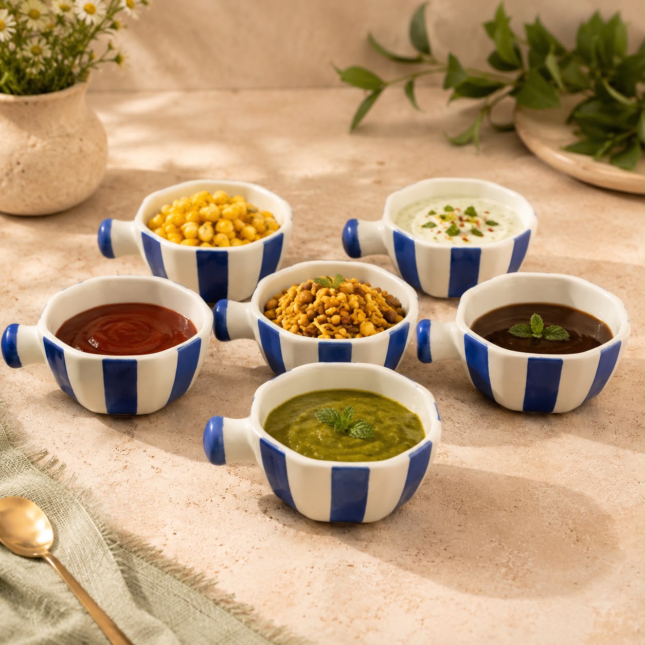 Blue stripe ceramic serving bowls set of six with handle for dining table