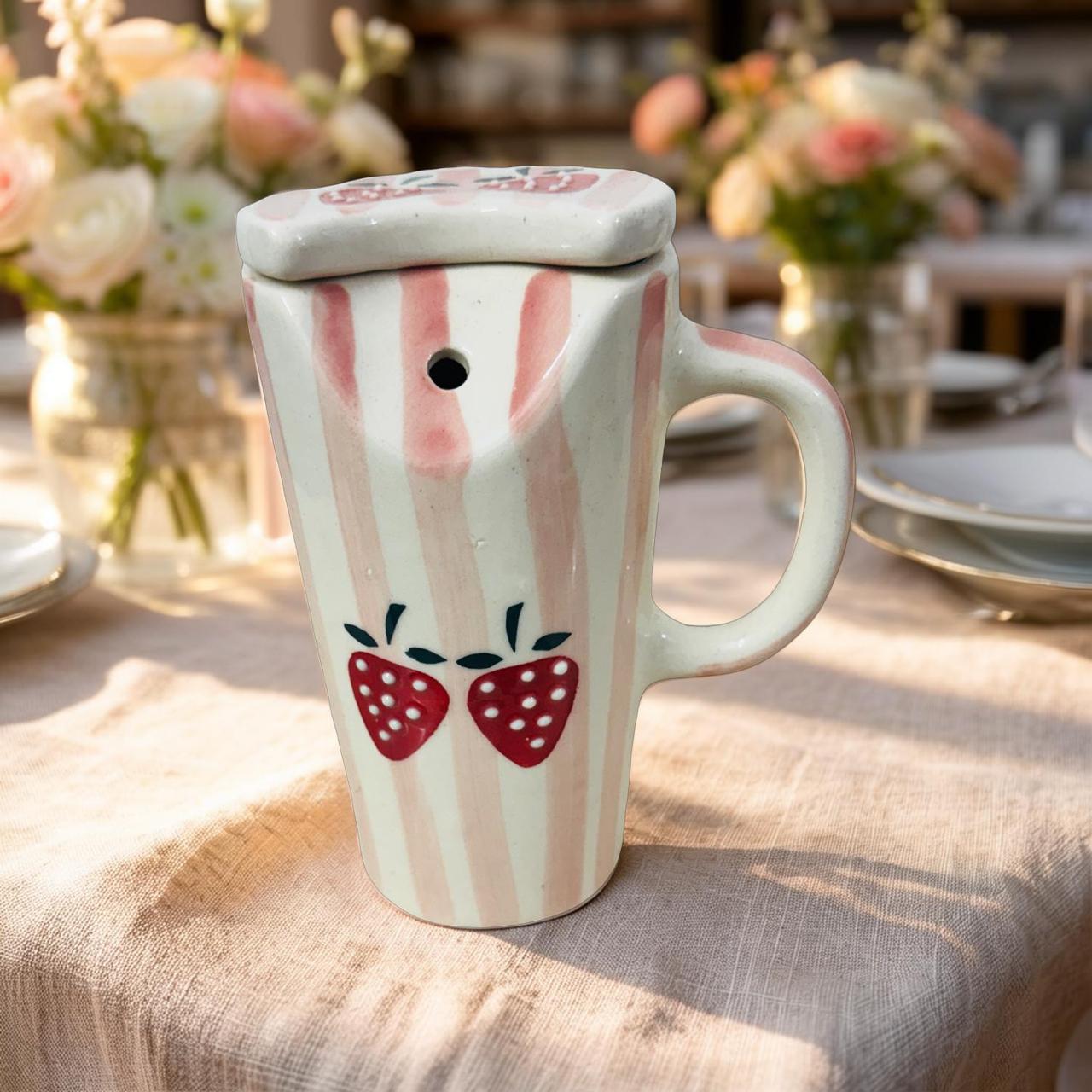 Ceramic mug with strawberry design on a table with floral arrangements in the background