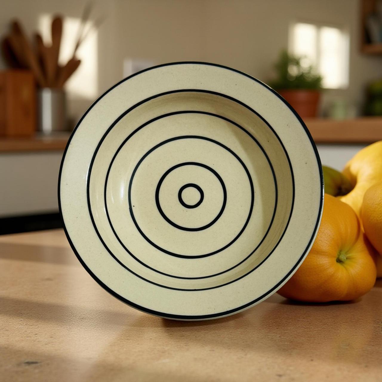 Ceramic plate with concentric circles on a kitchen counter