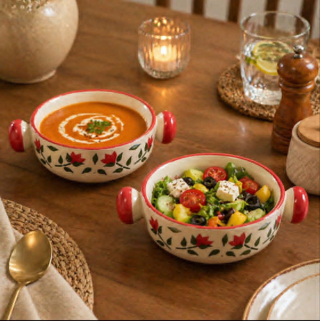 Two decorative ceramic bowls with red handles sit on a wooden dining table. One bowl contains orange soup with a swirl of cream, and the other contains a colorful salad.