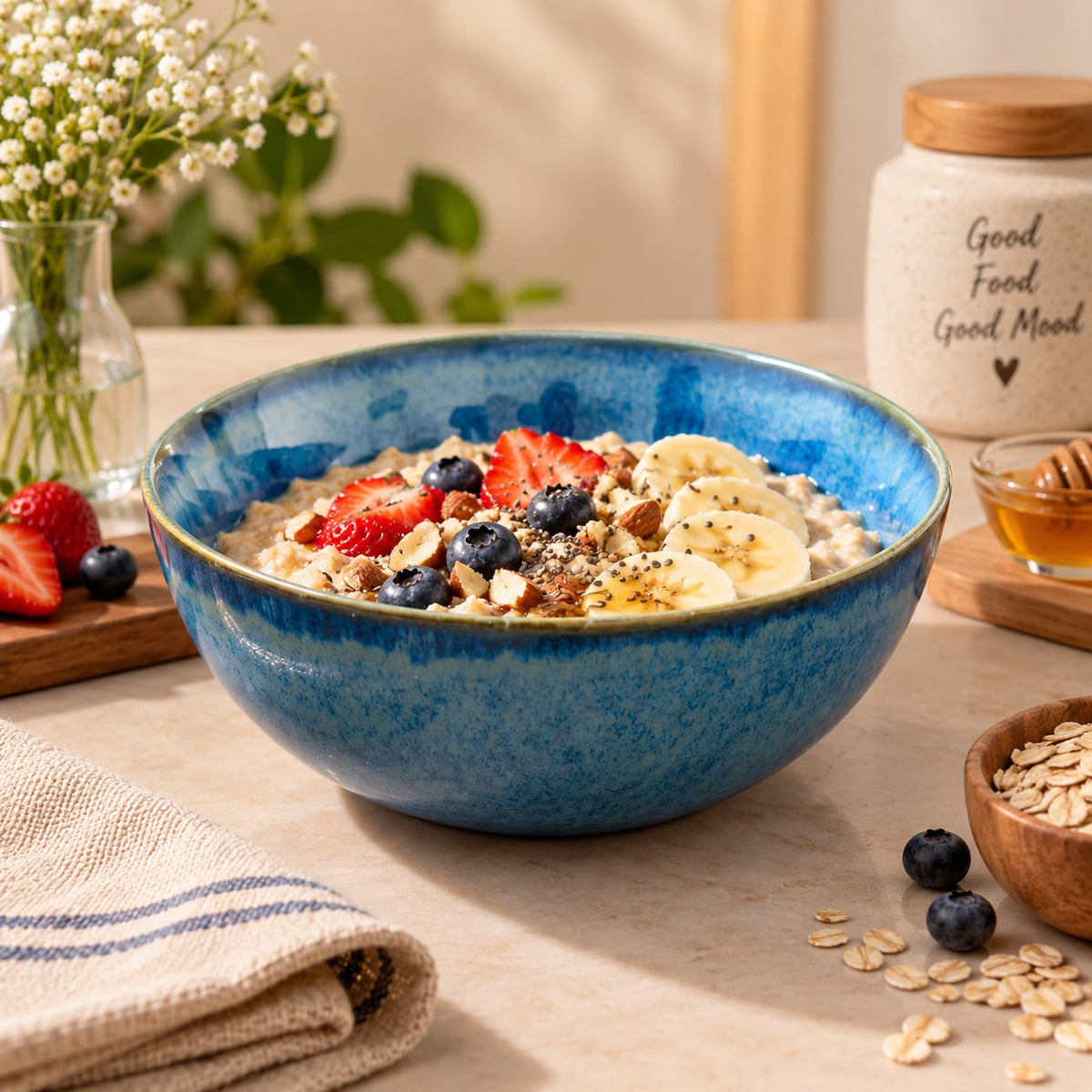 A blue ceramic bowl filled with oatmeal, sliced bananas, strawberries, blueberries, and granola, set on a beige tabletop with a folded napkin, scattered oats, a small bowl of honey, and a jar in the background.
