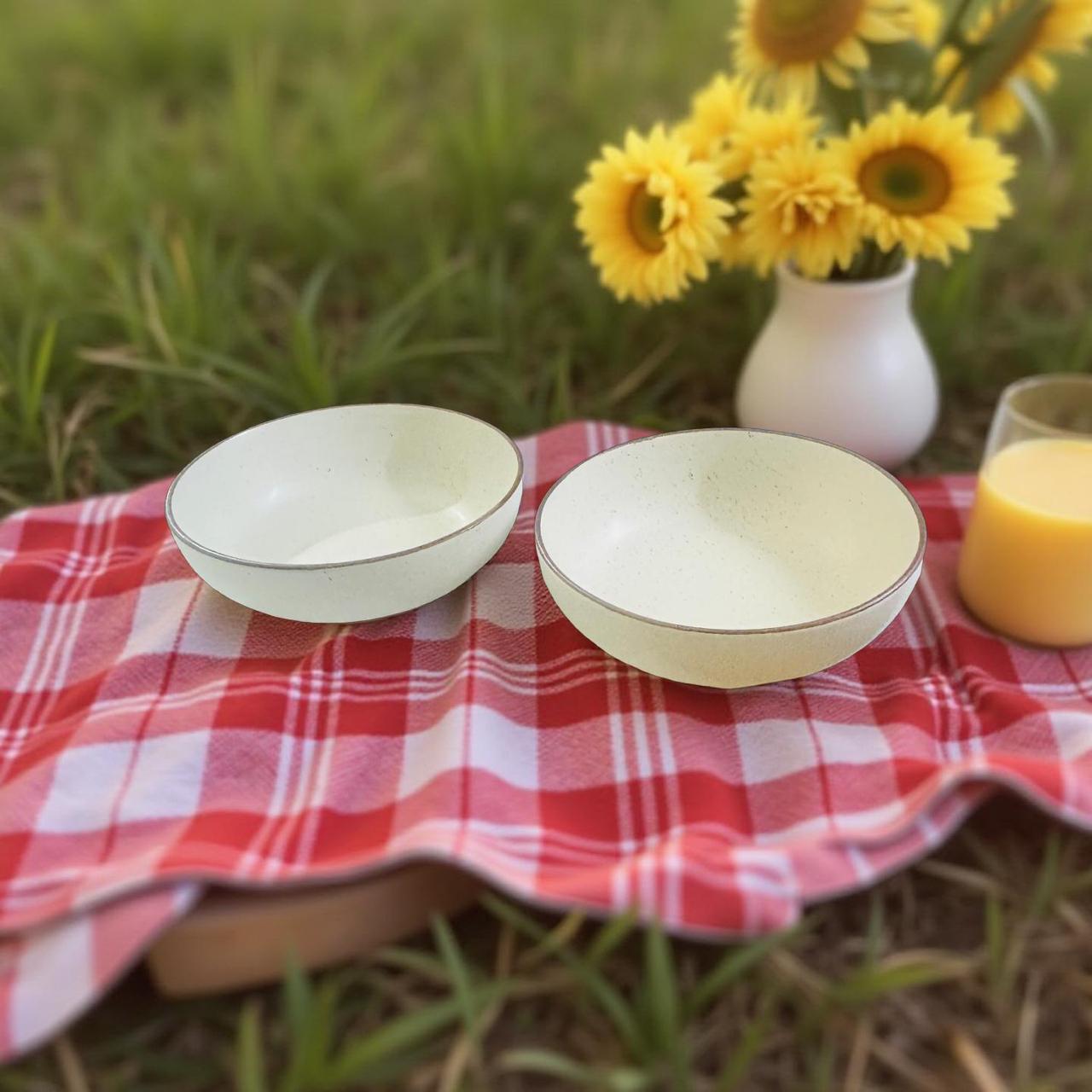 Two ceramic bowls on a red and white checkered blanket with yellow flowers in the background.