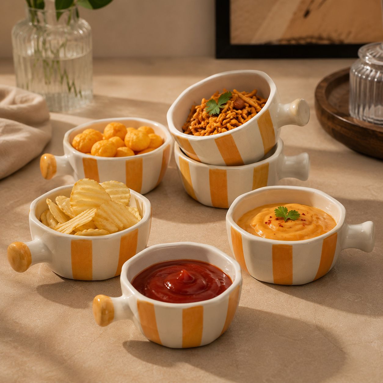 Set of small bowls with striped design containing various snacks and dips on a table.
