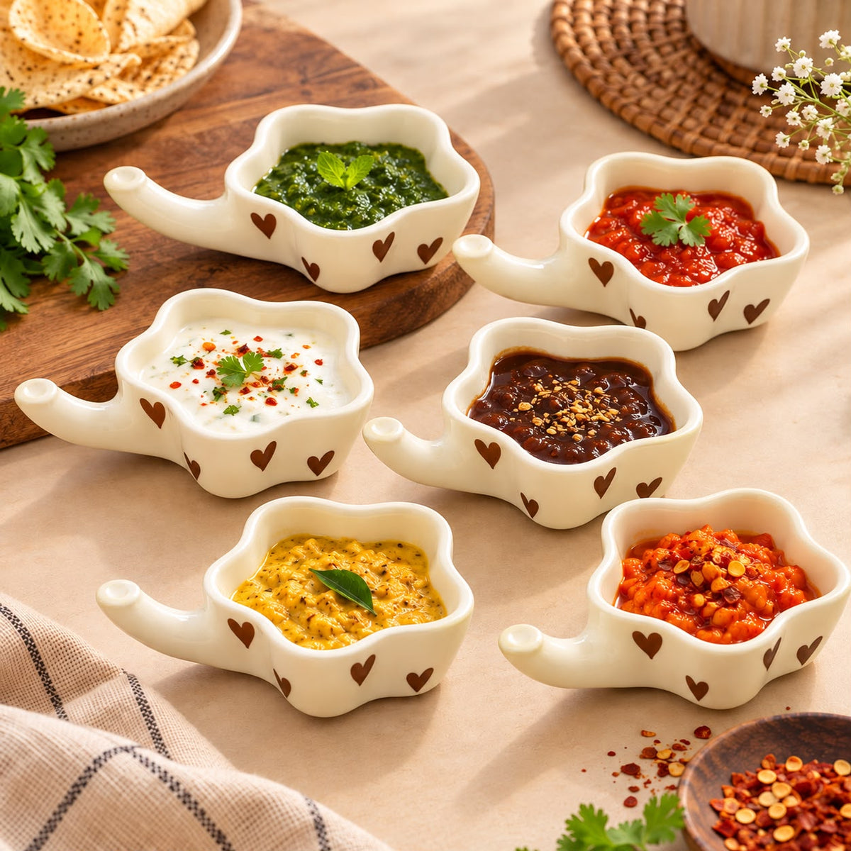 Set of 6 heart print ceramic chutney bowls with handles by Lupaava