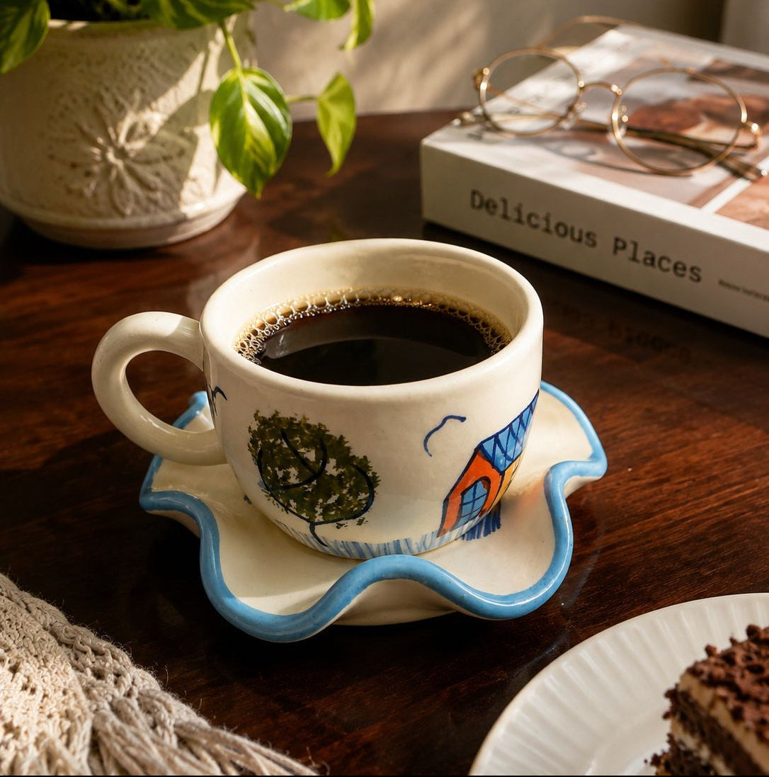 A white ceramic coffee cup with a blue wavy saucer, filled with black coffee, set on a dark wooden table next to a slice of chocolate cake, with a potted plant and glasses in the background.