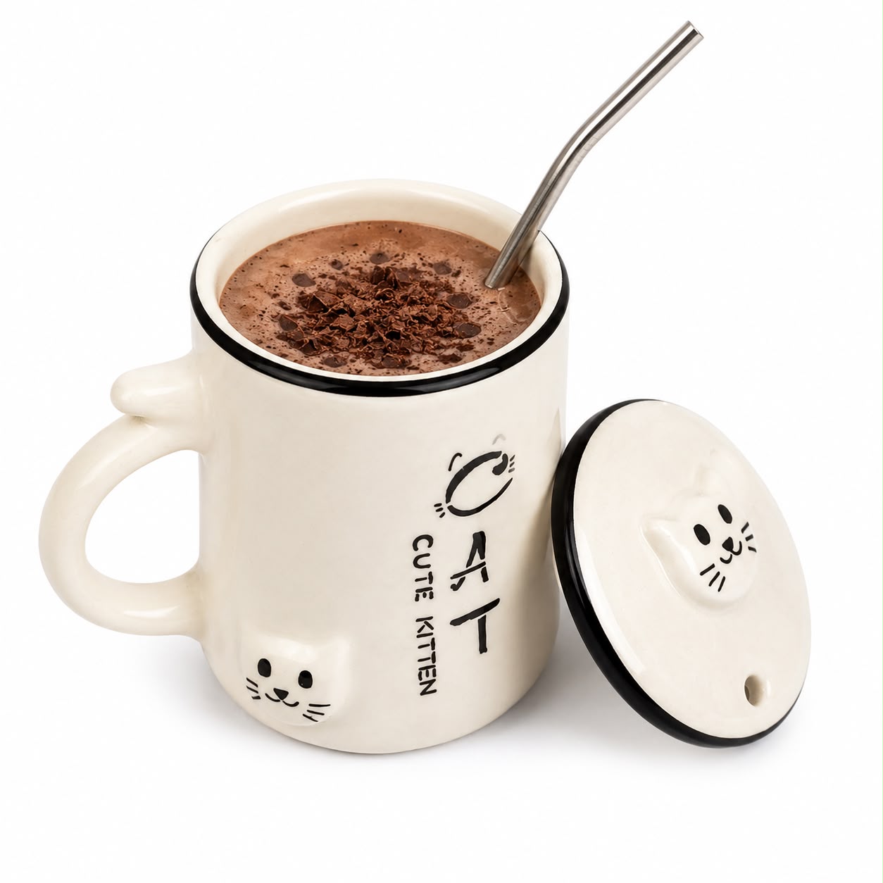 A white ceramic cat-themed mug filled with a hot chocolate drink and a metal straw, shown next to its matching lid on a white background. The mug features black cat face illustrations and the text 'CUTE KITTEN CAT'.