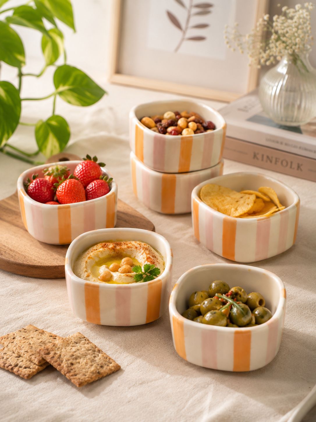 Set of small ceramic bowls with striped design containing various snacks on a table.