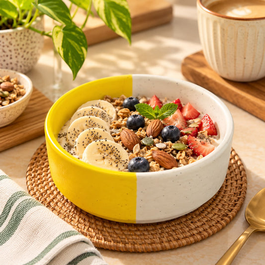 Two-tone yellow and cream ceramic bowl filled with breakfast