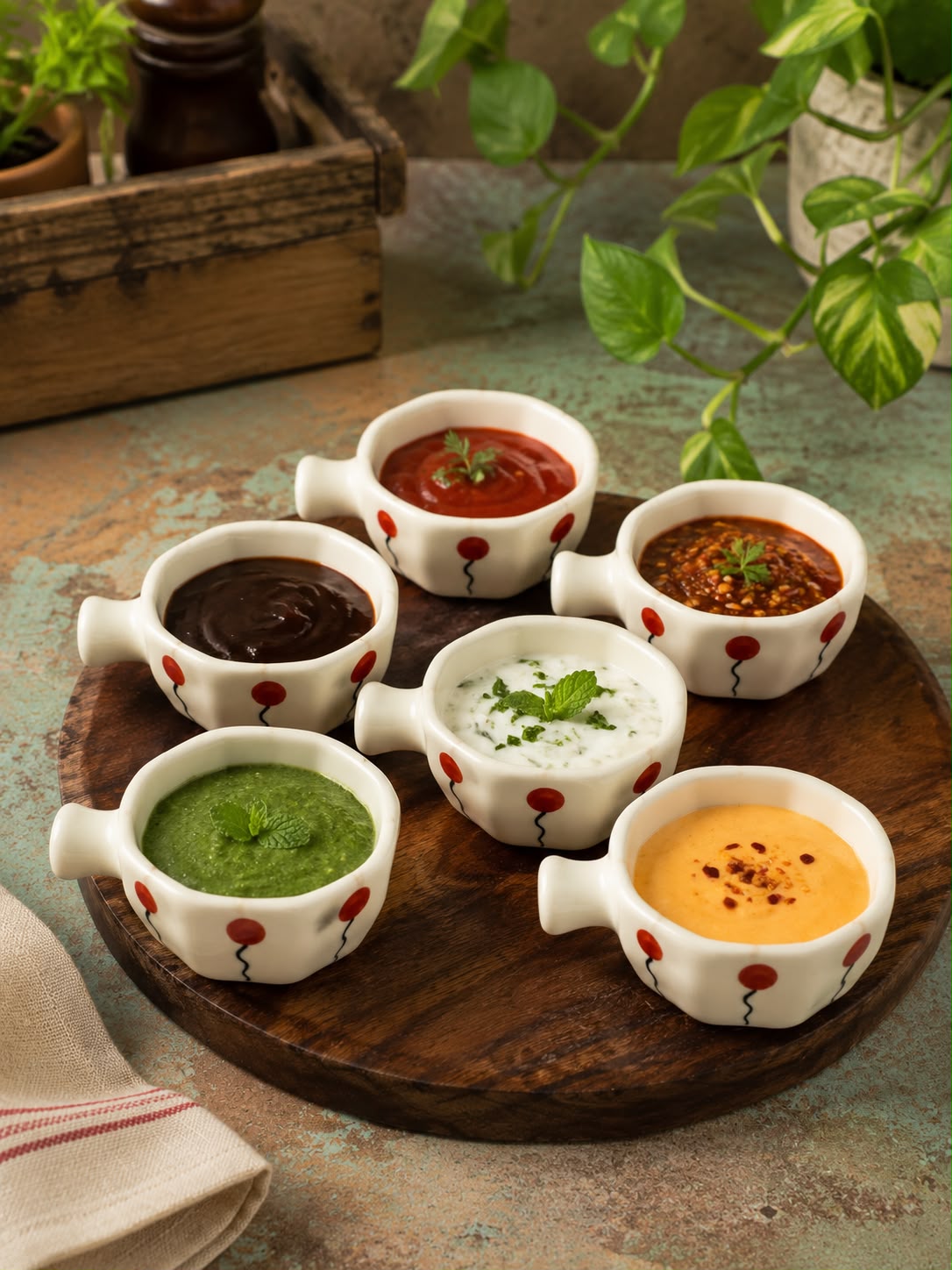 Six small white ceramic dipping bowls with red balloon-like dots, arranged on a round wooden serving board. The bowls contain different dips or soups: red, dark brown, orange-red, white with mint, green, and yellow-orange, with some garnishes.