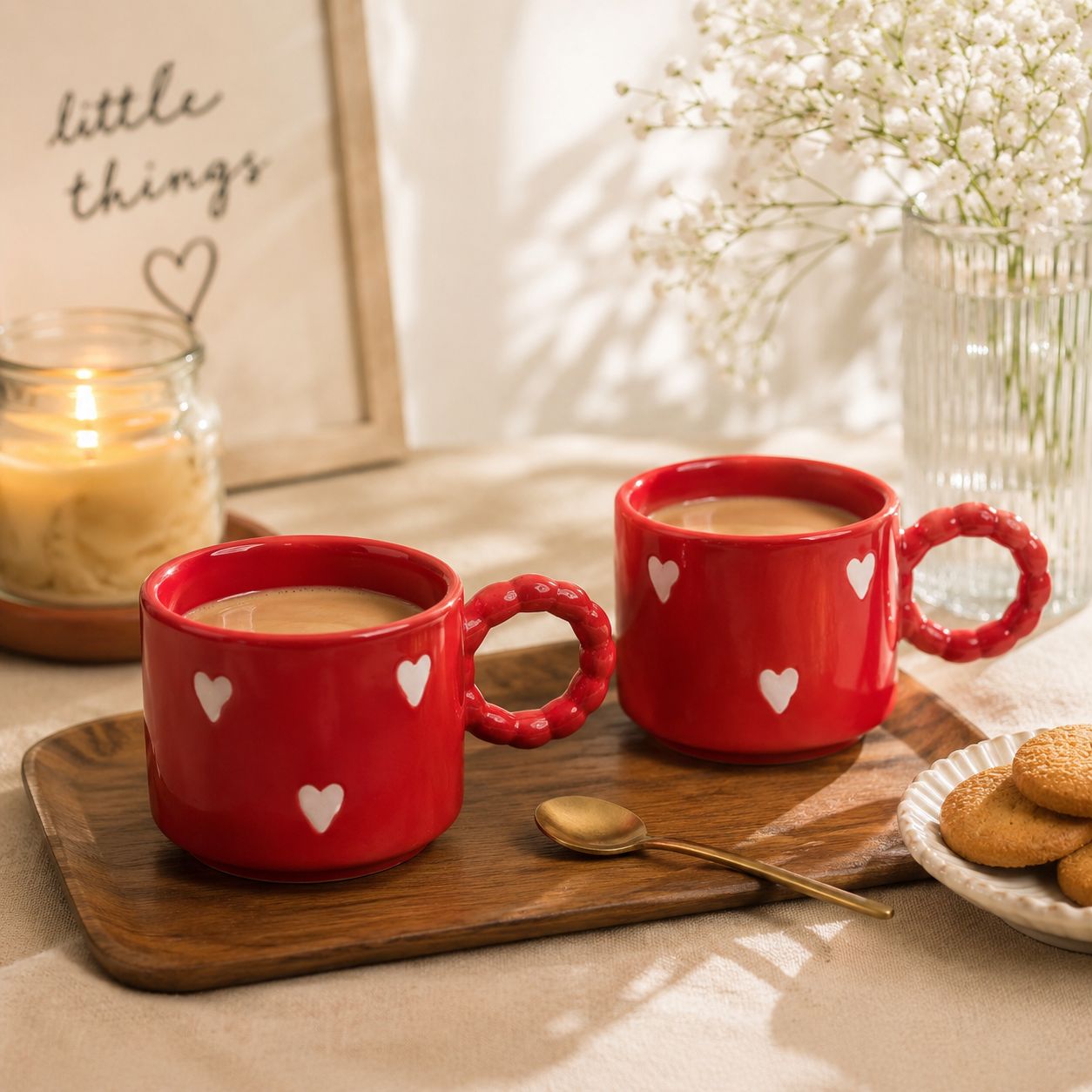 Two red ceramic mugs with white heart patterns and textured handles, filled with coffee, displayed on a wooden tray with a spoon, cookies, and a candle in a warm, cozy setting.