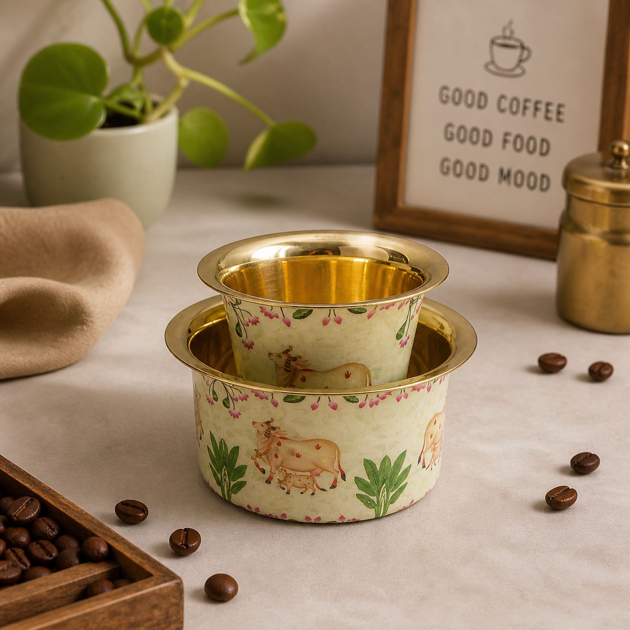 Premium brass coffee tumbler and dabra set with artistic floral cow artwork for aesthetic kitchen and table décor