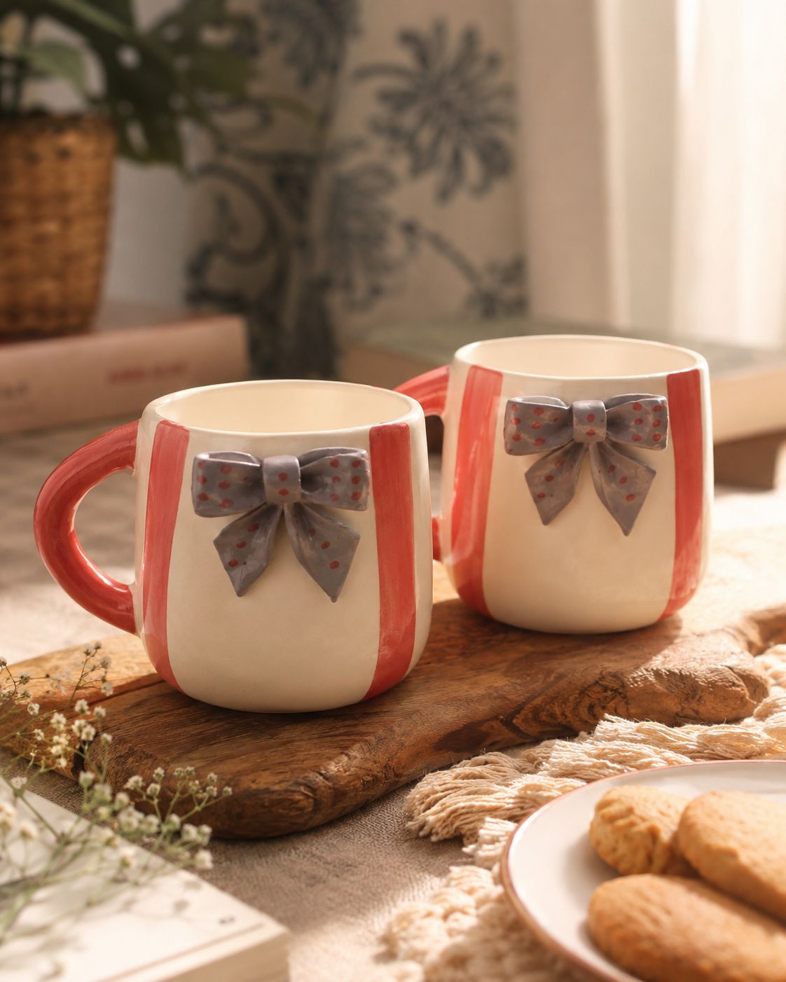 Two ceramic mugs with red handles and red side stripes, decorated with a gray patterned bow, displayed on a wooden board with cookies and a cozy background.