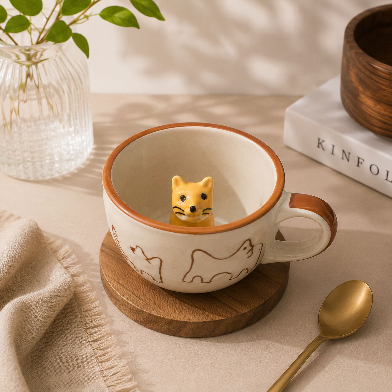 Ceramic mug with fox design on a wooden coaster, surrounded by books and a plant.