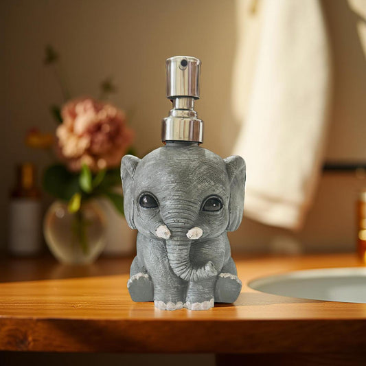 Elephant-shaped soap dispenser on a wooden surface with a blurred background