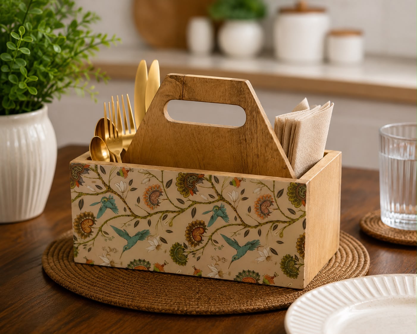Floral wooden cutlery holder with botanical print for dining table organization
