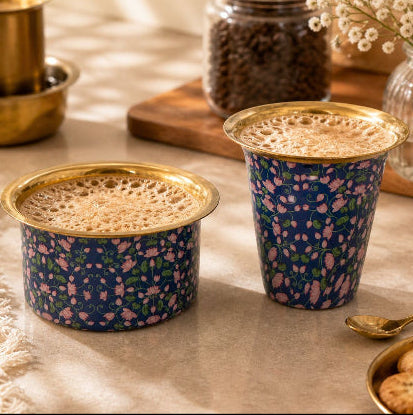 Handcrafted floral brass dabra set for serving authentic South Indian filter coffee