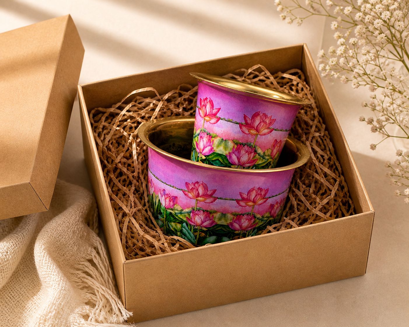 Handcrafted brass dabra set with pink lotus floral artwork in premium gift box