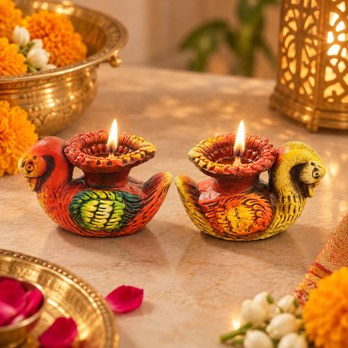 Vibrant bird deepak pair for Diwali celebration