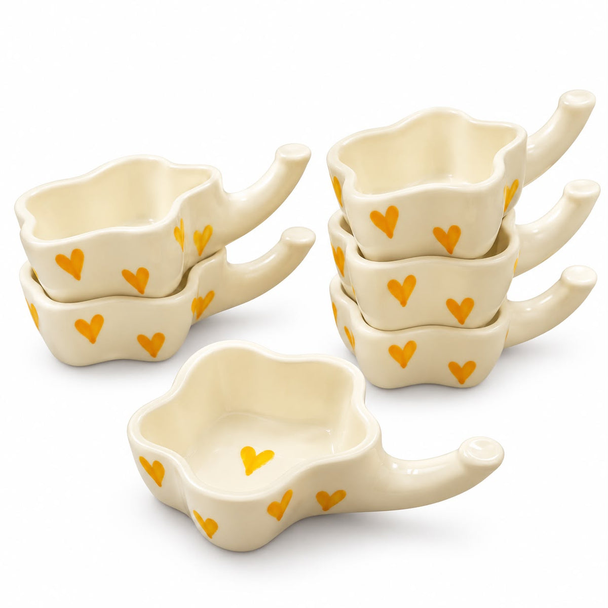 Mustard heart ceramic serving dishes for pickles, raita, nuts and dining table presentation