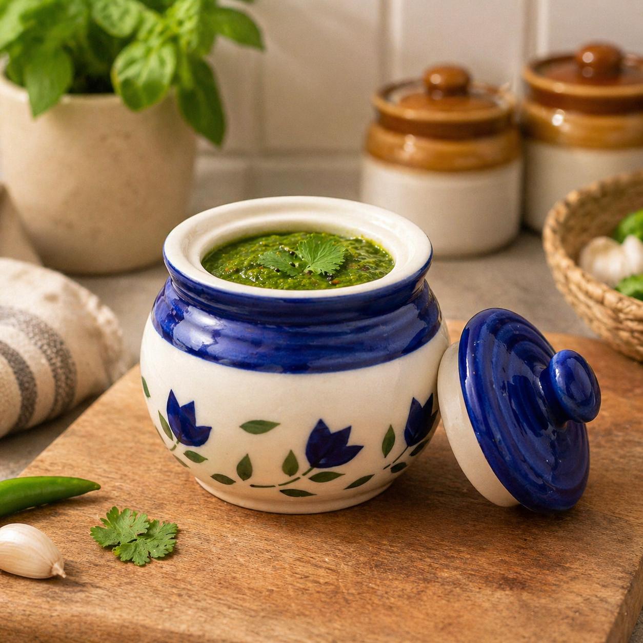 Ceramic jar with blue floral patterns filled with green sauce on a wooden surface.