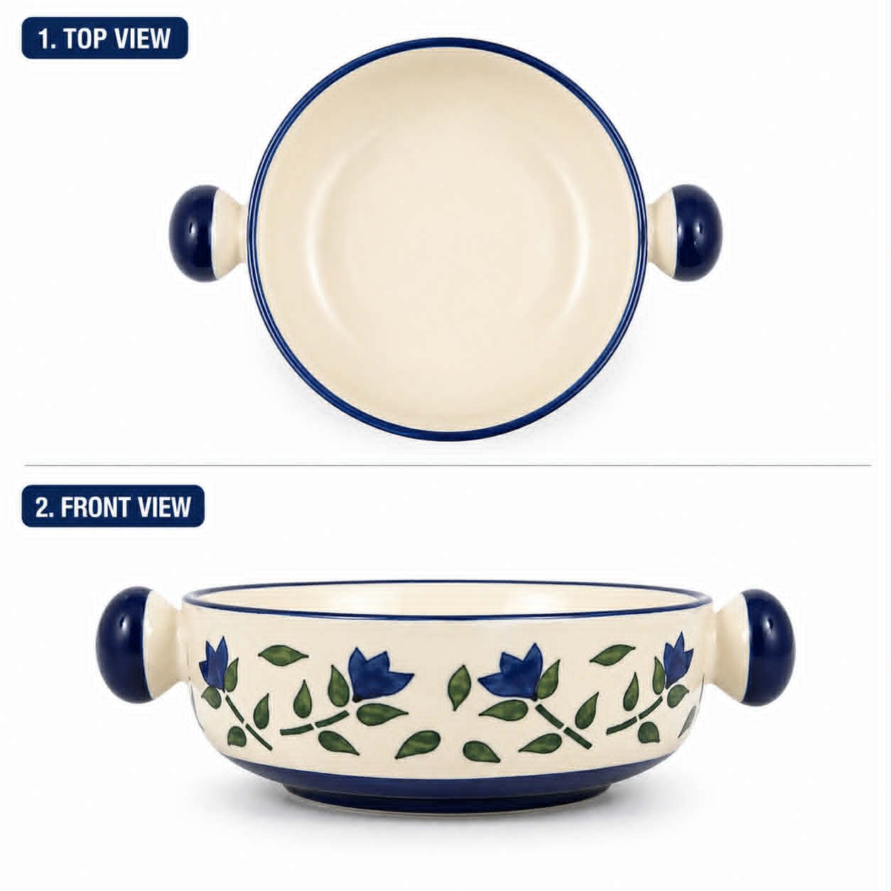 A cream-colored ceramic serving bowl with dark blue handles and a blue floral pattern with green leaves, shown from top and front views on a white background.