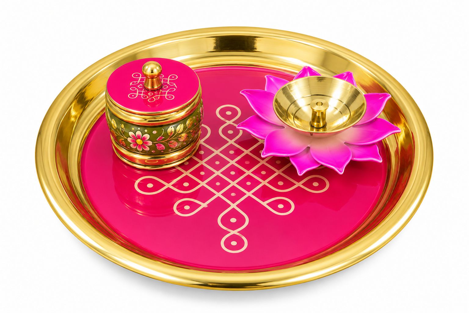 A gold-plated brass diya lamp tray with a bright pink inner plate featuring a white geometric pattern. The tray holds a small decorative brass pot with a pink lid and a pink lotus-shaped diya holder, all on a white background.