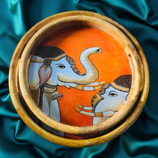 Royal elephant art wooden serving tray handcrafted by Lupaava
