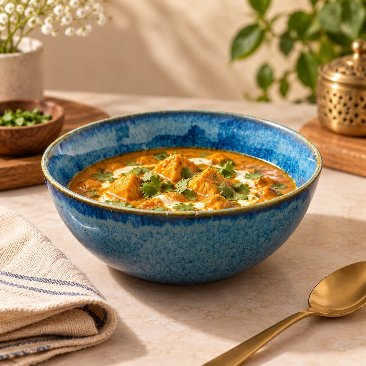 A blue speckled ceramic bowl filled with an orange-yellow curry and garnished with cream and cilantro, set on a beige table with a gold spoon, folded napkin, and blurred decorative background elements.