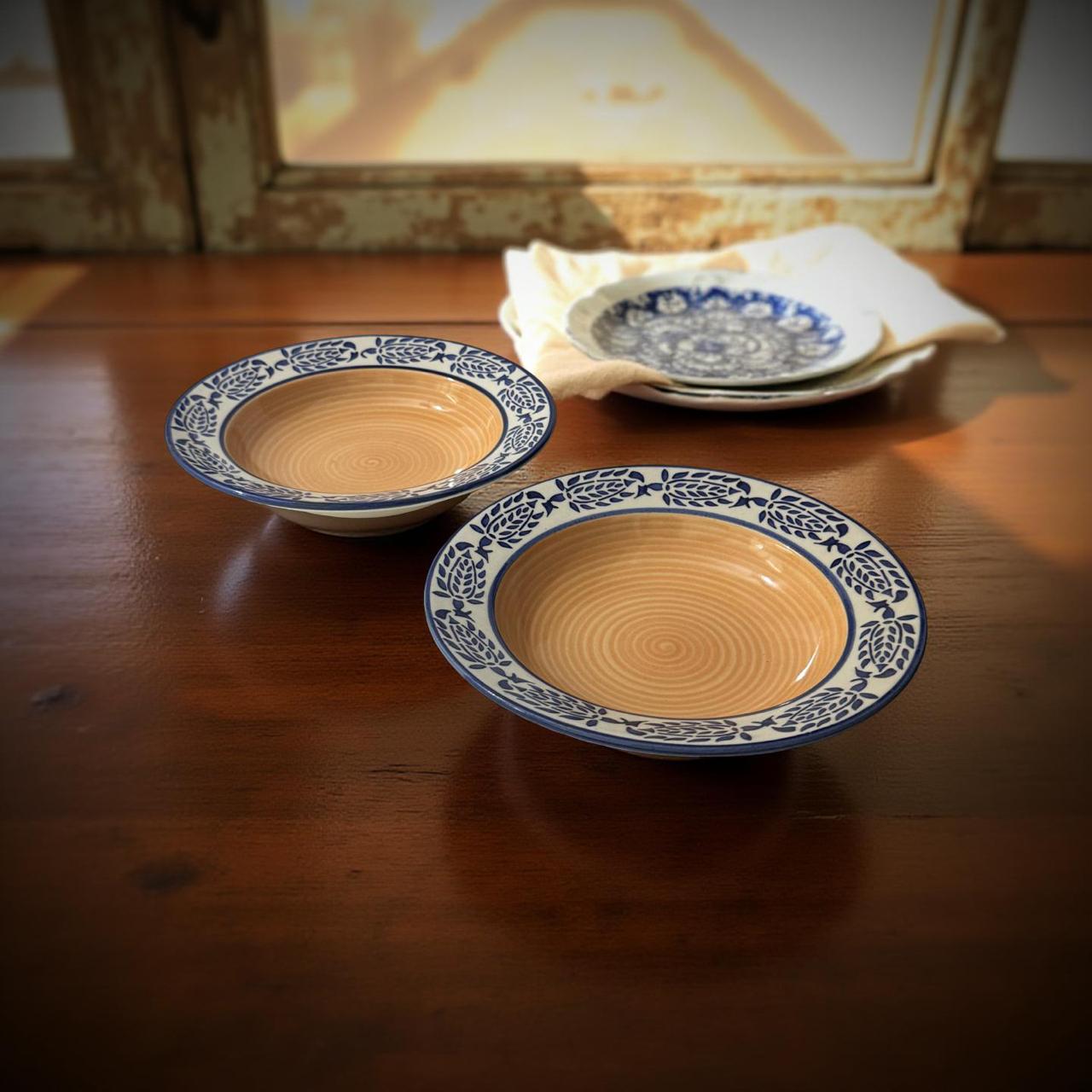 Two ceramic bowls with blue decorative rims on a wooden surface.