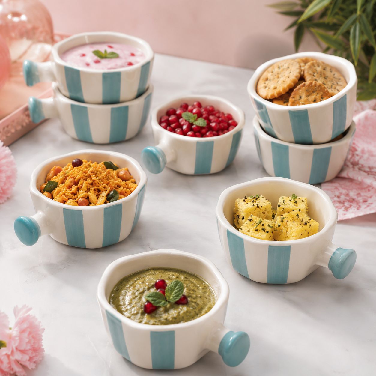 Set of small bowls with striped handles containing various food items on a light surface.