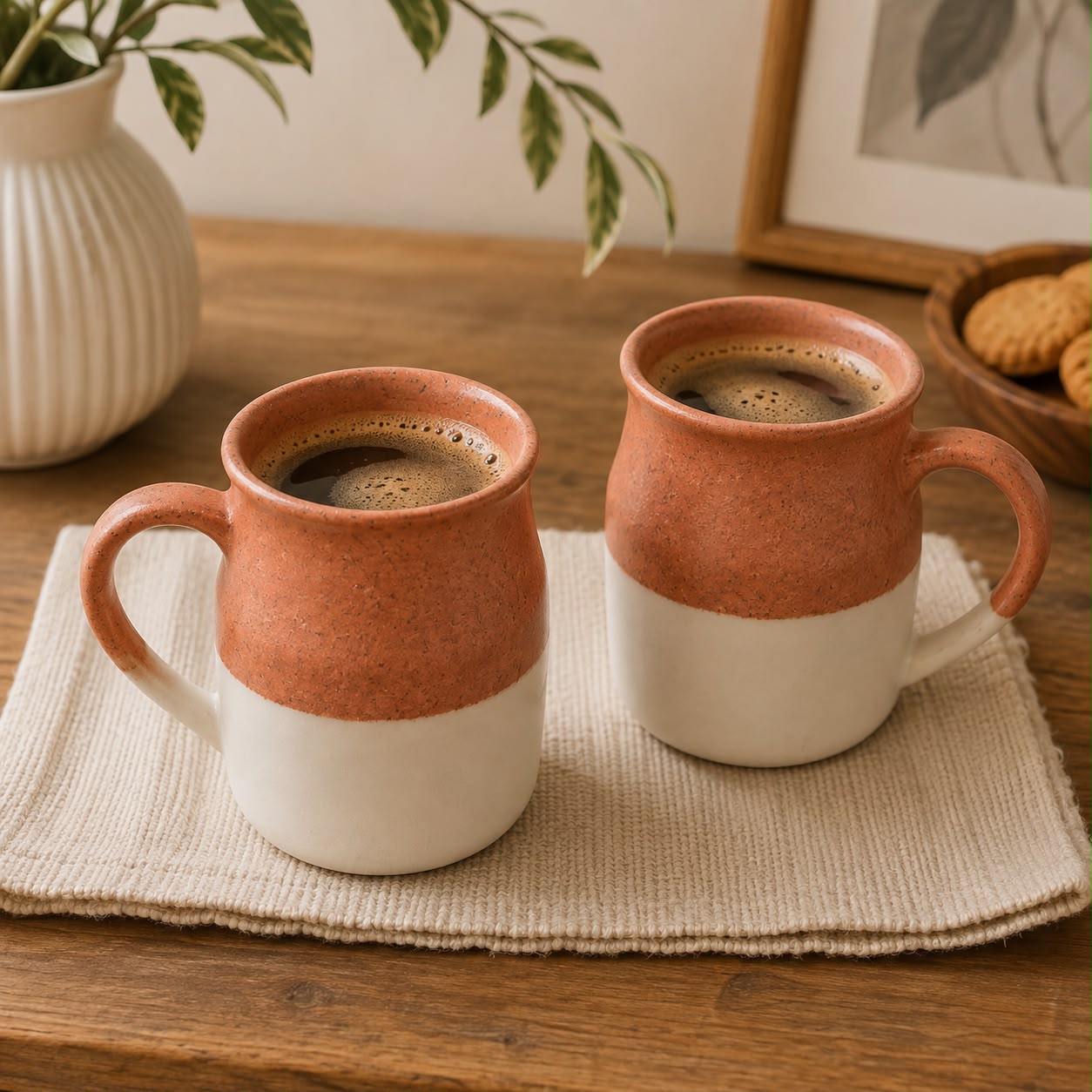 Two ceramic mugs filled with coffee, featuring a terracotta orange upper half and an off-white lower half, resting on a woven beige placemat on a wooden table.