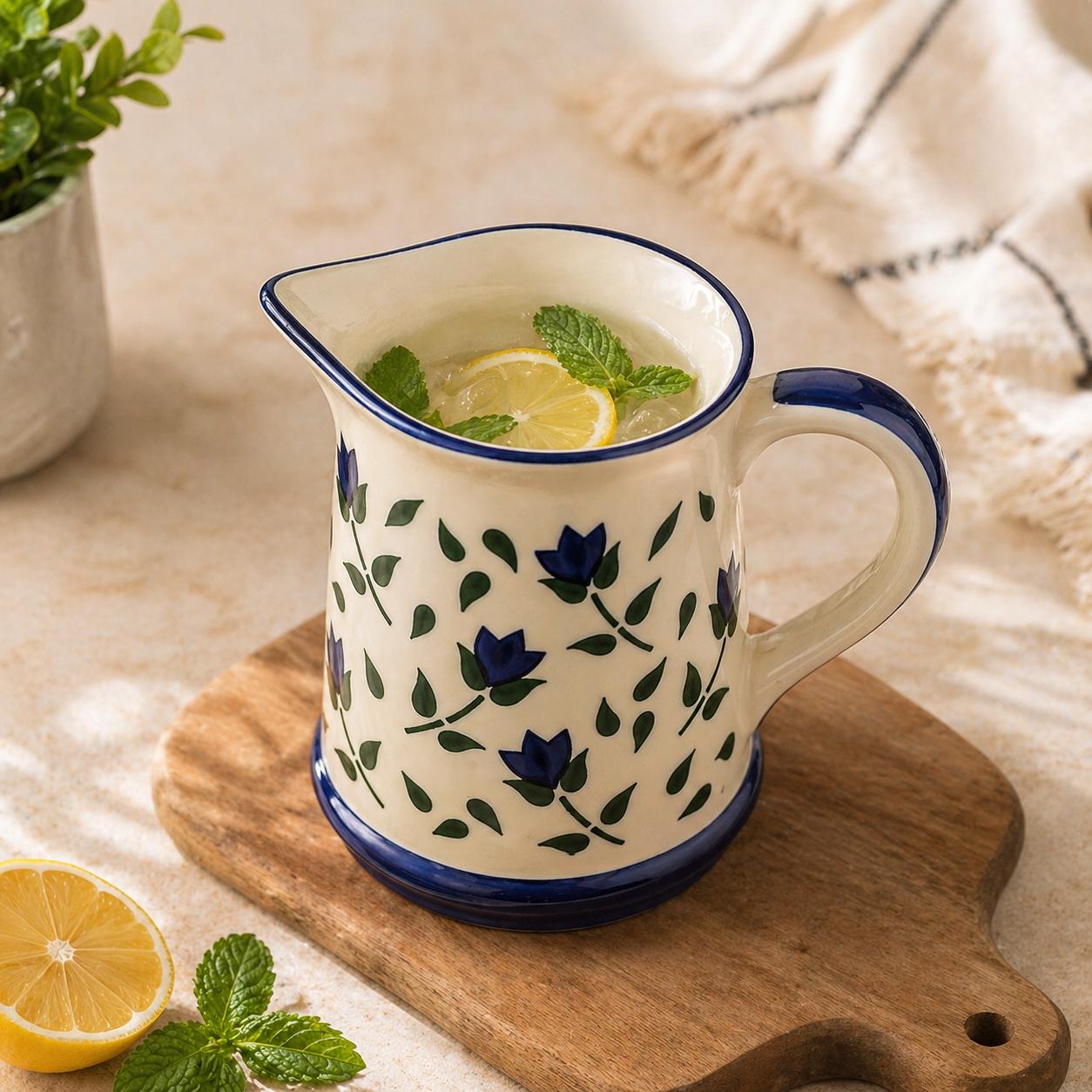 Decorative pitcher with floral pattern on a wooden cutting board with lemons and mint leaves.
