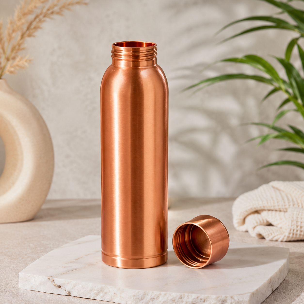 Copper water bottle on a marble surface with a neutral background