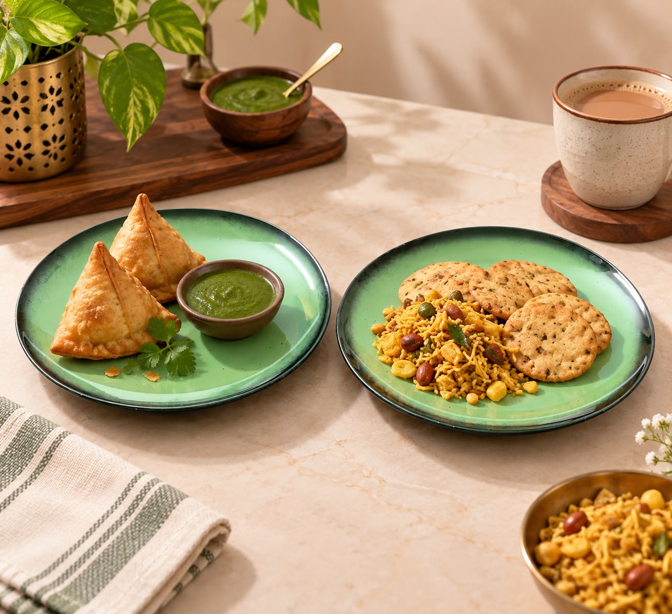 Two green ceramic plates with dark rims are styled on a beige table, one with samosas and chutney, and the other with bread and a mixed vegetable snack. A cup of chai, a small bowl of chutney, and a potted plant are visible in the background.