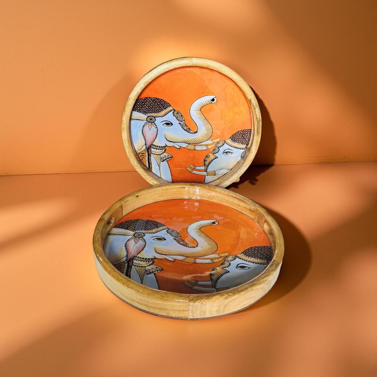 Round wooden tray with orange elephant painting Indian handcrafted design