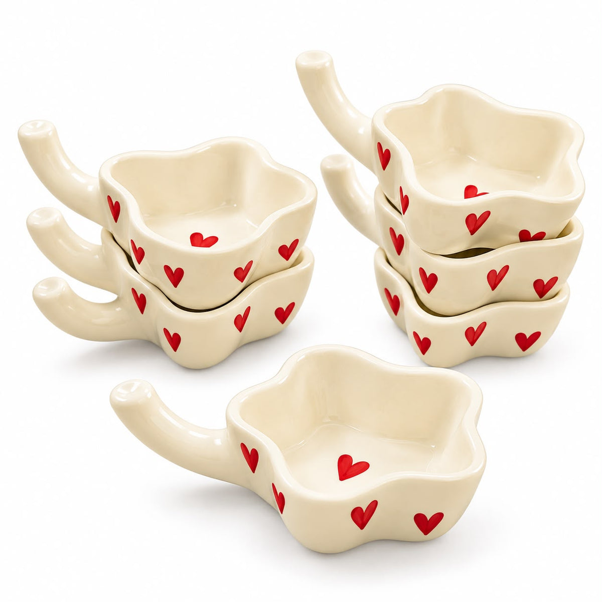 Set of six decorative ceramic snack bowls arranged for festive entertaining