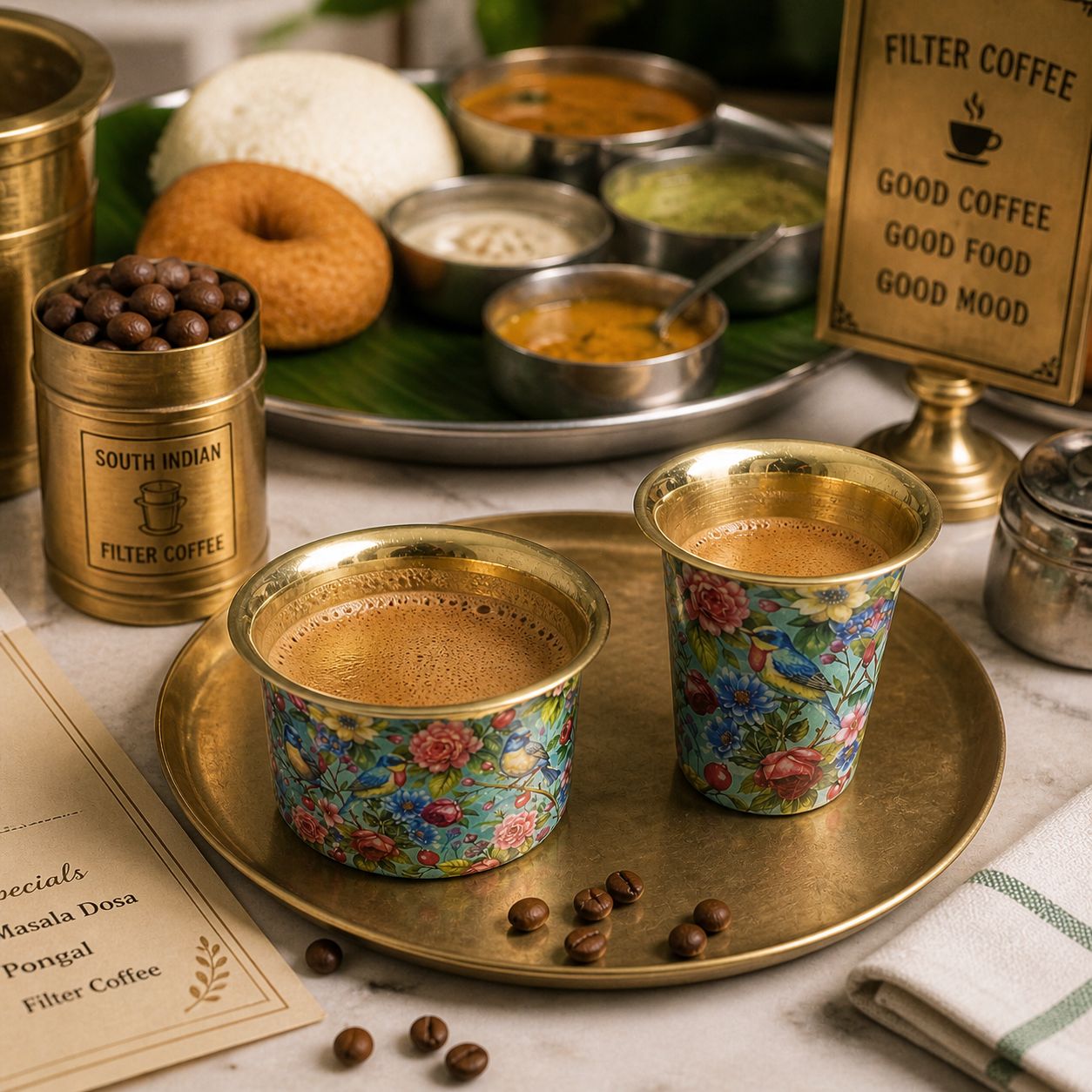 Traditional brass dabra set for authentic South Indian filter coffee serving