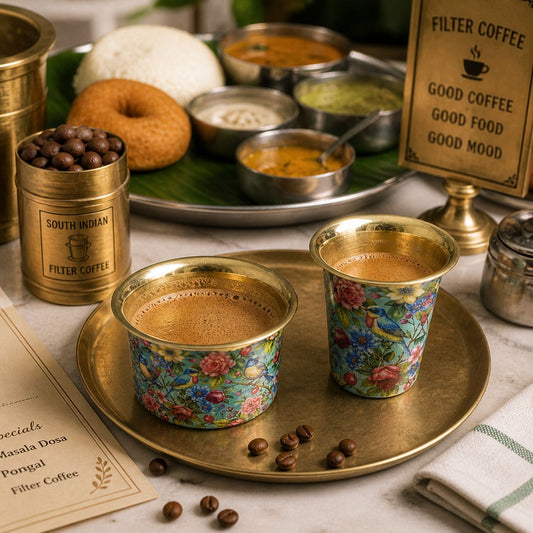Traditional brass dabra set for authentic South Indian filter coffee serving
