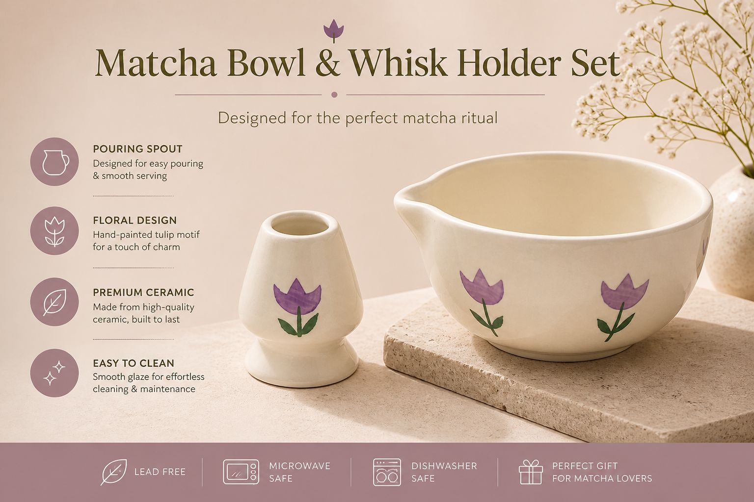 Matcha bowl and whisk holder set with floral design on a neutral background