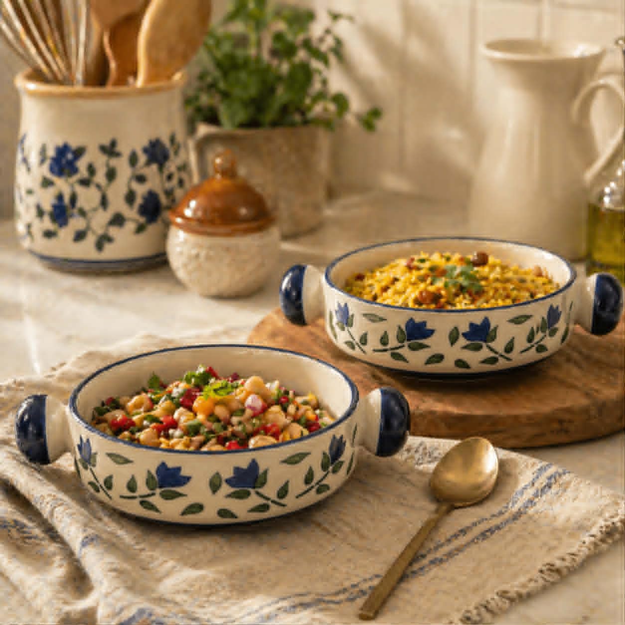 Two round ceramic serving bowls with blue floral patterns and side handles, filled with a salad and a grain dish, styled on a table with a spoon, ceramic utensil holder, and other kitchen items in the background.