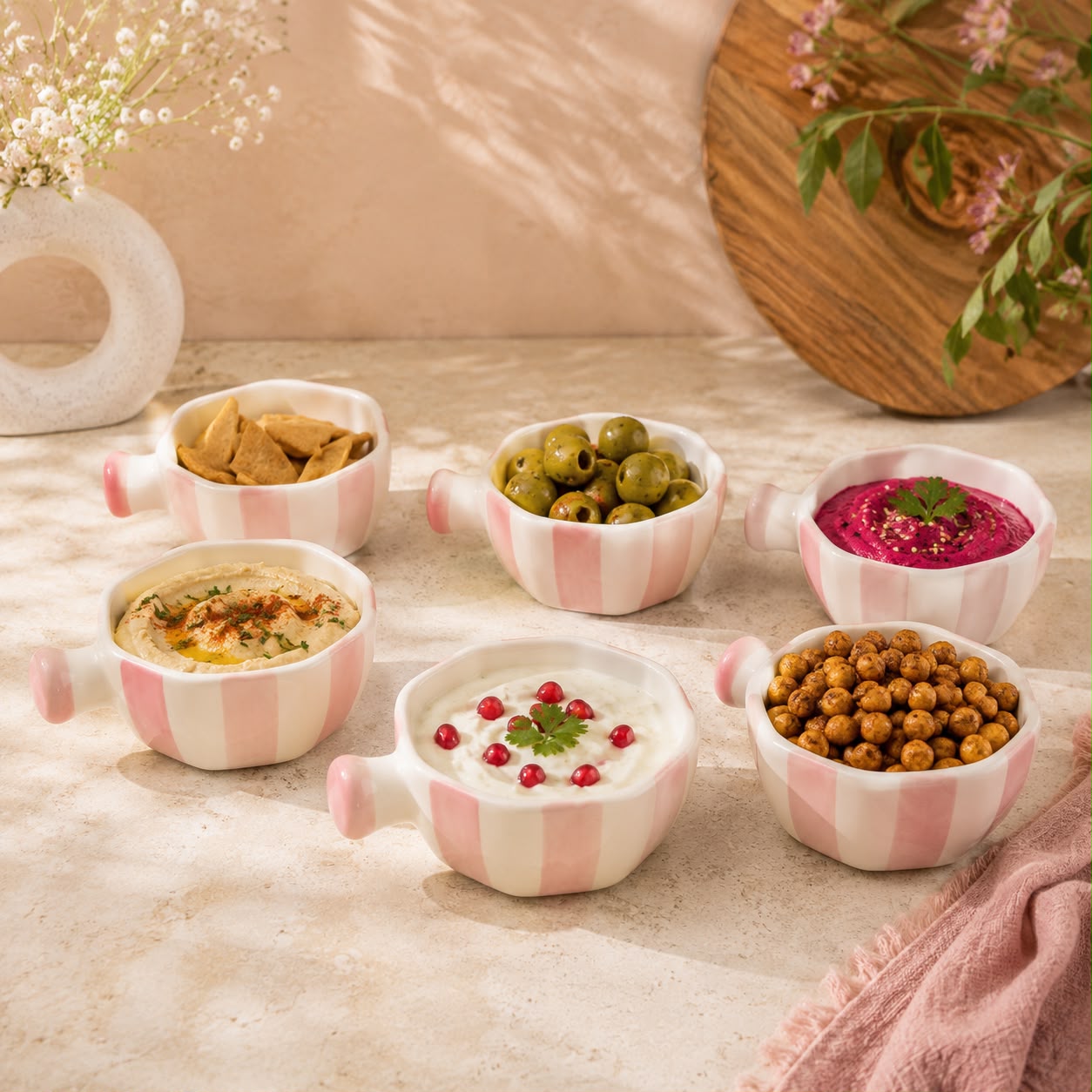 Six small pink-and-white striped ceramic bowls with handles are arranged on a beige tabletop, filled with snacks and dips including chips, olives, hummus, baba ghanoush, yogurt with pomegranate, and chickpeas. A round wooden board, flowers, and a pink cloth appear in the softly lit background.