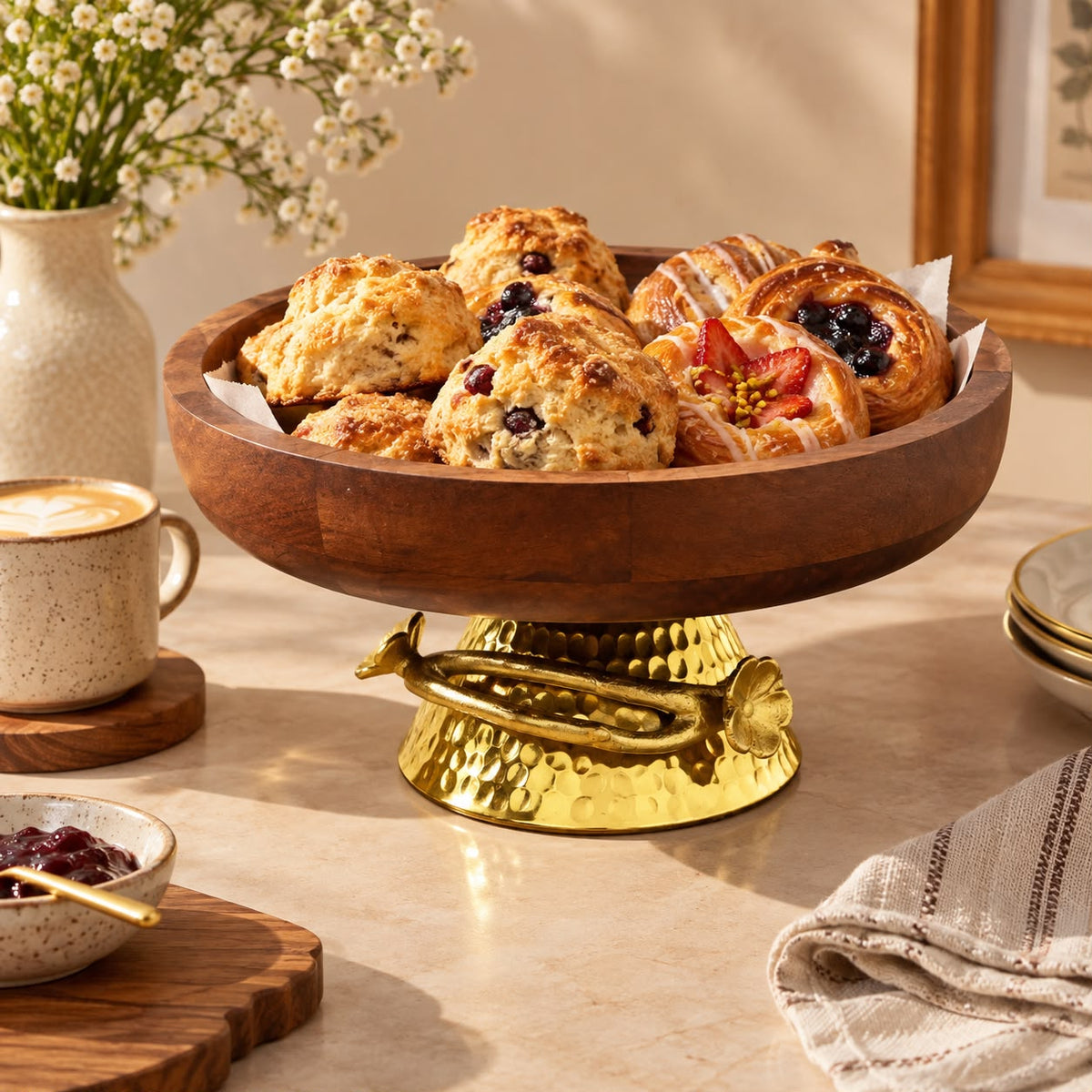 Raised wooden fruit and snack bowl for dining table